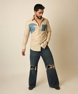 Beige pure linen embroidered thread beach shirt 2