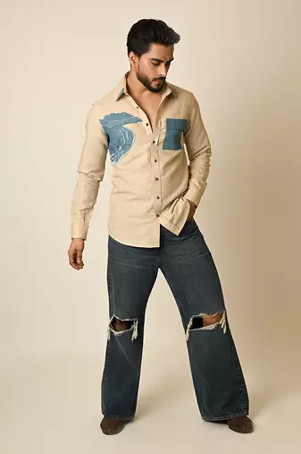 Beige pure linen embroidered thread beach shirt