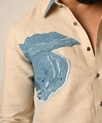 Beige pure linen embroidered thread beach shirt 3