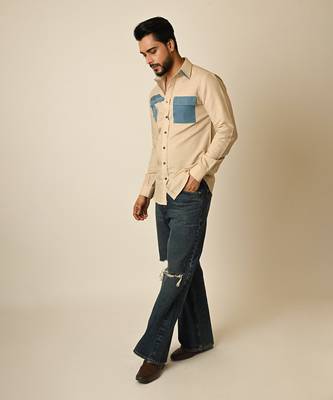 Beige pure linen embroidered thread beach shirt 4
