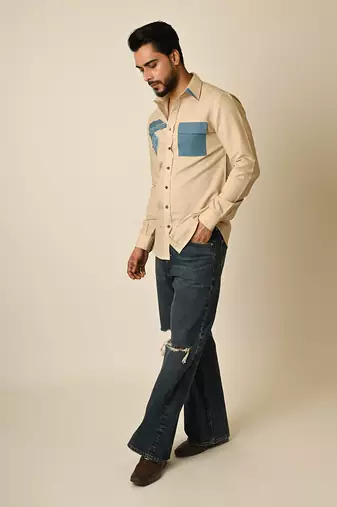 Beige pure linen embroidered thread beach shirt