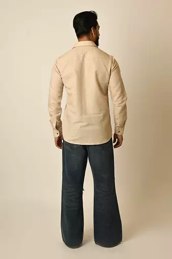 Beige pure linen embroidered thread beach shirt