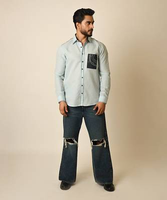 Blue pure linen embroidered thread depth shirt 1