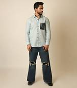 Blue pure linen embroidered thread depth shirt