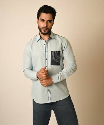 Blue pure linen embroidered thread depth shirt 2
