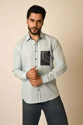 Blue pure linen embroidered thread depth shirt
