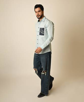 Blue pure linen embroidered thread depth shirt 3