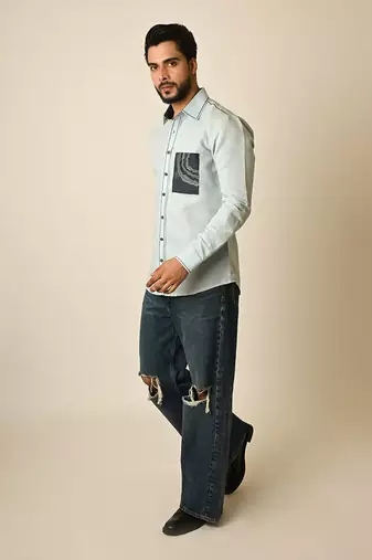 Blue pure linen embroidered thread depth shirt