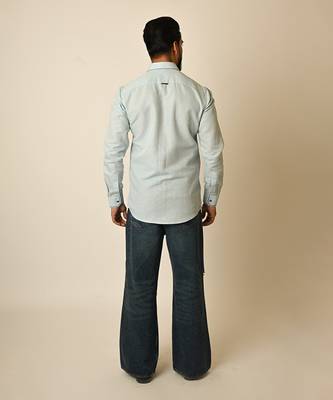 Blue pure linen embroidered thread depth shirt 4