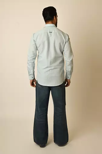 Blue pure linen embroidered thread depth shirt