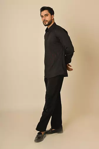 Black giza cotton embroidered thread escape embellished shirt