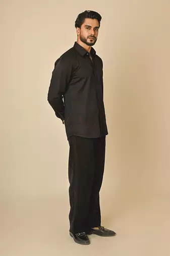 Black giza cotton embroidered thread escape embellished shirt