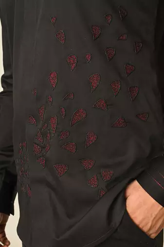 Black giza cotton embroidered thread escape embellished shirt