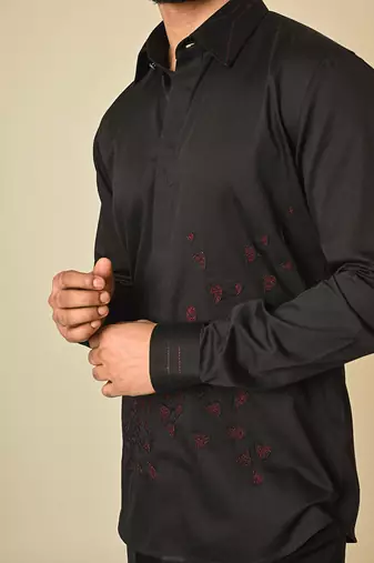 Black giza cotton embroidered thread escape embellished shirt