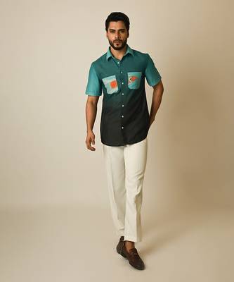 Blue pure linen embroidered thread shaded boat shirt 1