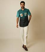 Blue pure linen embroidered thread shaded boat shirt