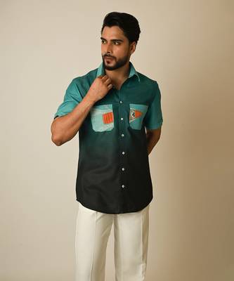 Blue pure linen embroidered thread shaded boat shirt 2
