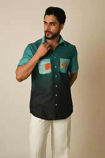 Blue pure linen embroidered thread shaded boat shirt