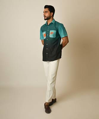 Blue pure linen embroidered thread shaded boat shirt 3