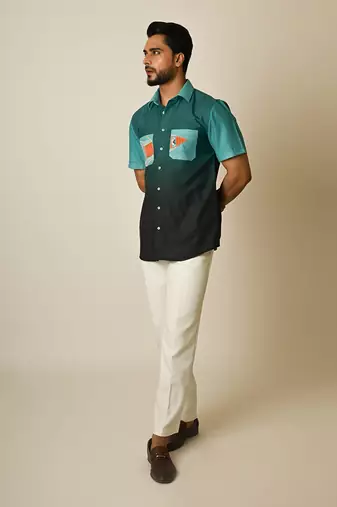 Blue pure linen embroidered thread shaded boat shirt