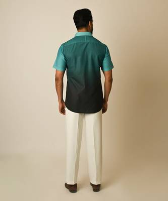 Blue pure linen embroidered thread shaded boat shirt 4