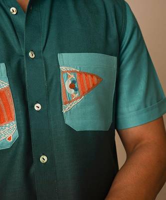 Blue pure linen embroidered thread shaded boat shirt 5