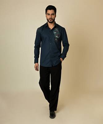 Blue giza cotton embroidered thread egyptian circle shirt 1