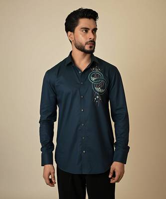Blue giza cotton embroidered thread egyptian circle shirt 2