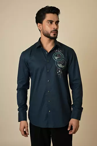 Blue giza cotton embroidered thread egyptian circle shirt