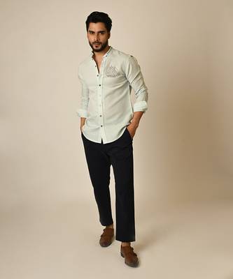 Blue pure linen embroidered thread world map shirt 1
