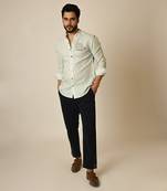 Blue pure linen embroidered thread world map shirt