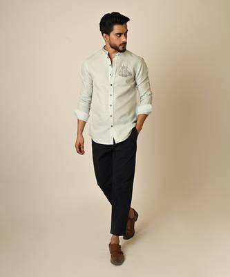 Blue pure linen embroidered thread world map shirt 2