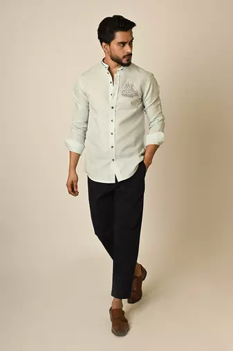 Blue pure linen embroidered thread world map shirt