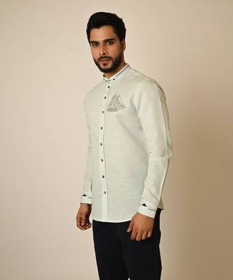 Blue pure linen embroidered thread world map shirt 3