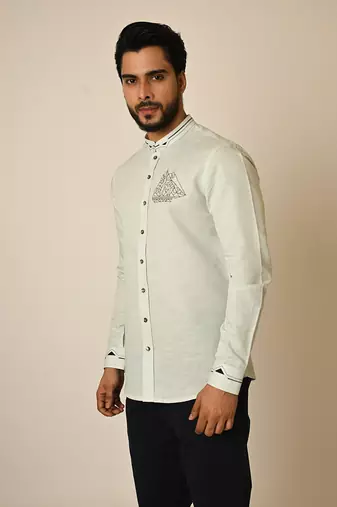 Blue pure linen embroidered thread world map shirt