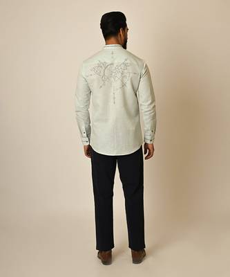 Blue pure linen embroidered thread world map shirt 4