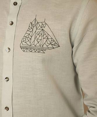 Blue pure linen embroidered thread world map shirt 5