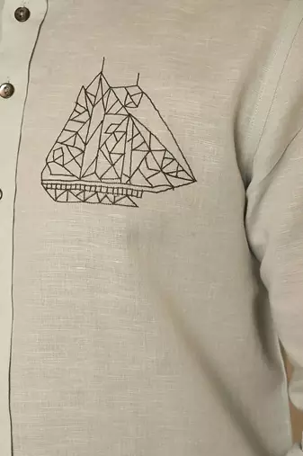 Blue pure linen embroidered thread world map shirt