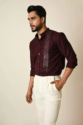 Wine terrycot embroidered thread drowning shirt