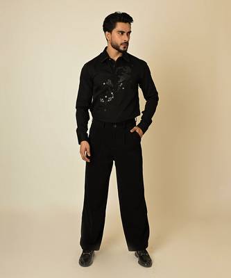 Black giza cotton embroidered thread broken honeycomb embellished shirt 1