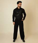 Black giza cotton embroidered thread broken honeycomb embellished shirt