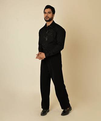 Black giza cotton embroidered thread broken honeycomb embellished shirt 2