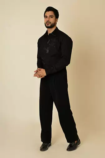 Black giza cotton embroidered thread broken honeycomb embellished shirt