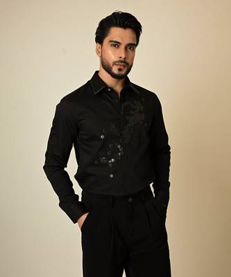 Black giza cotton embroidered thread broken honeycomb embellished shirt 3