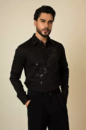 Black giza cotton embroidered thread broken honeycomb embellished shirt