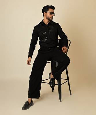 Black giza cotton embroidered thread broken honeycomb embellished shirt 4