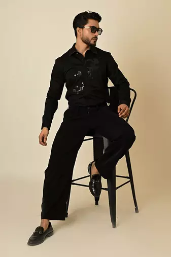 Black giza cotton embroidered thread broken honeycomb embellished shirt