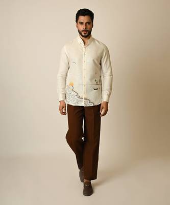 Off white pure linen embroidered thread sunset shirt 1