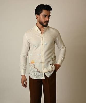 Off white pure linen embroidered thread sunset shirt 2