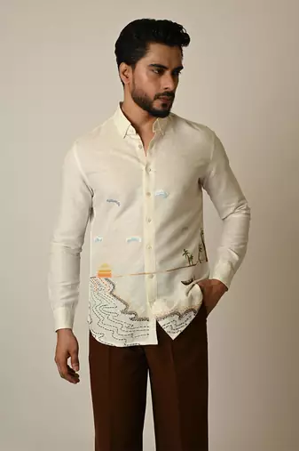 Off white pure linen embroidered thread sunset shirt